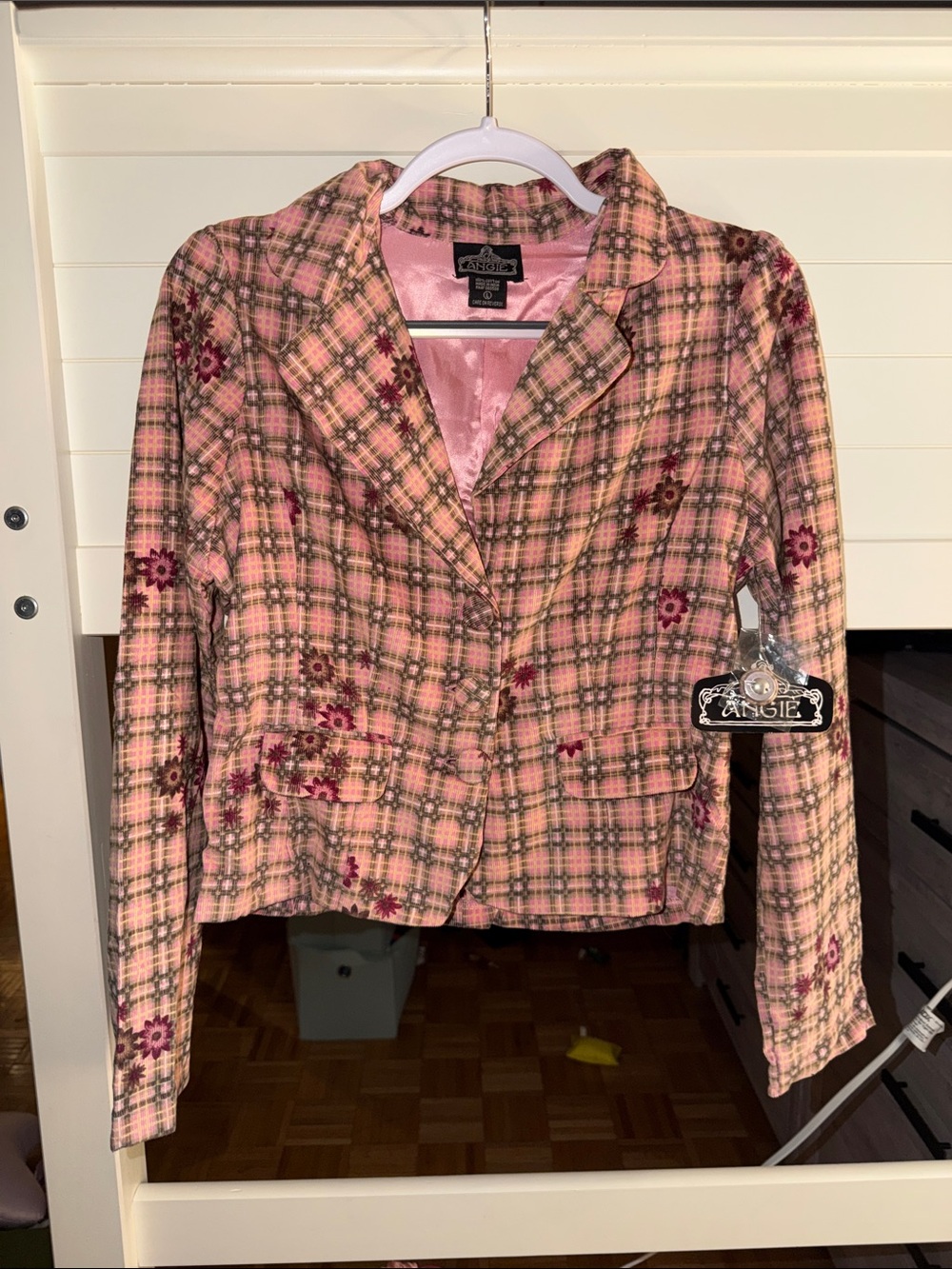 Y2K Angie Pink Plaid Corduroy Tweed Blazer with Floral Accents